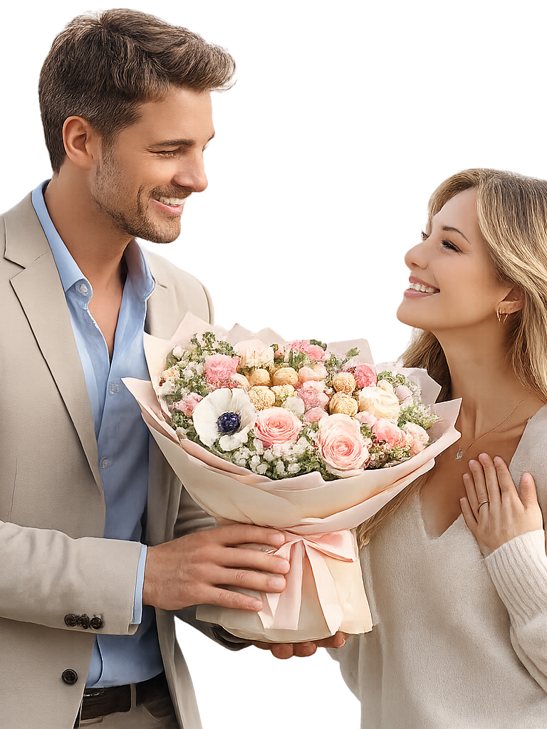 Mit Blumen Lächeln schenken Ein Mann überreicht einer Frau einen Blumenstrauß mit rosa und weißen Blumen.