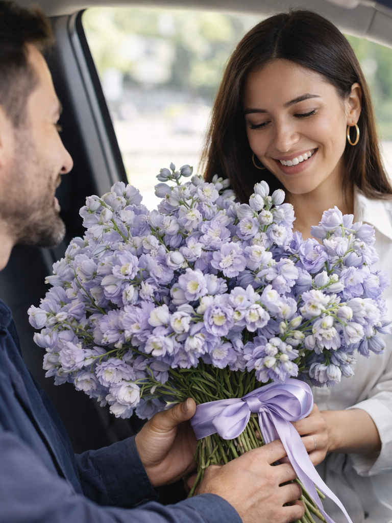 Mit Blumen Danke sagen Ein Mann überreicht einer Frau einen großen Strauß lila Blumen im Auto.