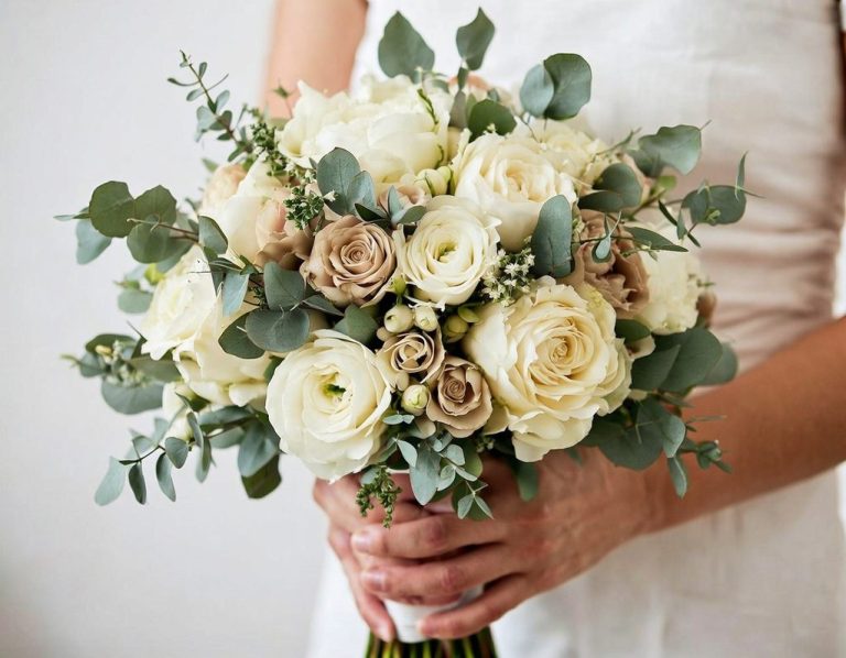 schöner moderner Brautstrauß Brautstrauß mit weißen und cremigen Rosen, Eukalyptus und grünem Blattwerk.
