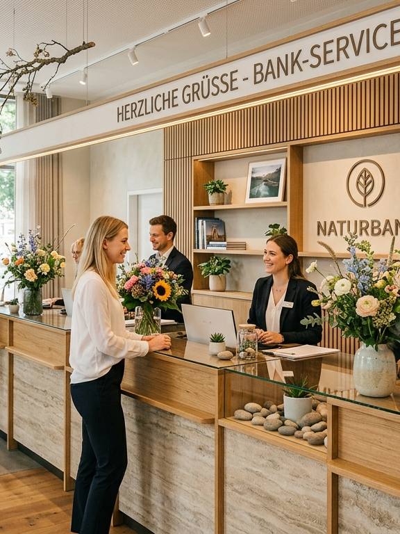 Blumen für Unternehmen Moderne Bankfiliale mit freundlichem Personal und Blumenarrangements.