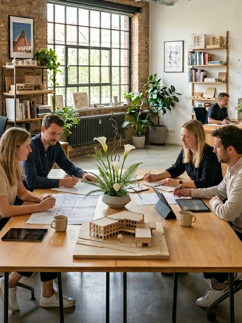 Blumen für Büro, Architekt, Steuerberater und Anwalt Teamwork in modern Büro, am Tisch sitzend mit Plänen und Pflanzen im Hintergrund.