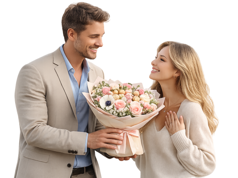 Blumen schenken in Steinhagen Ein Mann überreicht einer Frau einen Blumenstrauß mit Rosen und Anemonen.