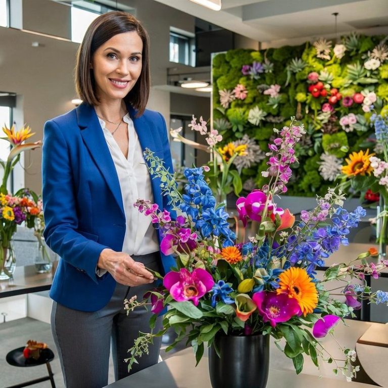 Professionelle Floristik Steinhagen Frau mit bunten Blumen in einer modernen Floristikwerkstatt.