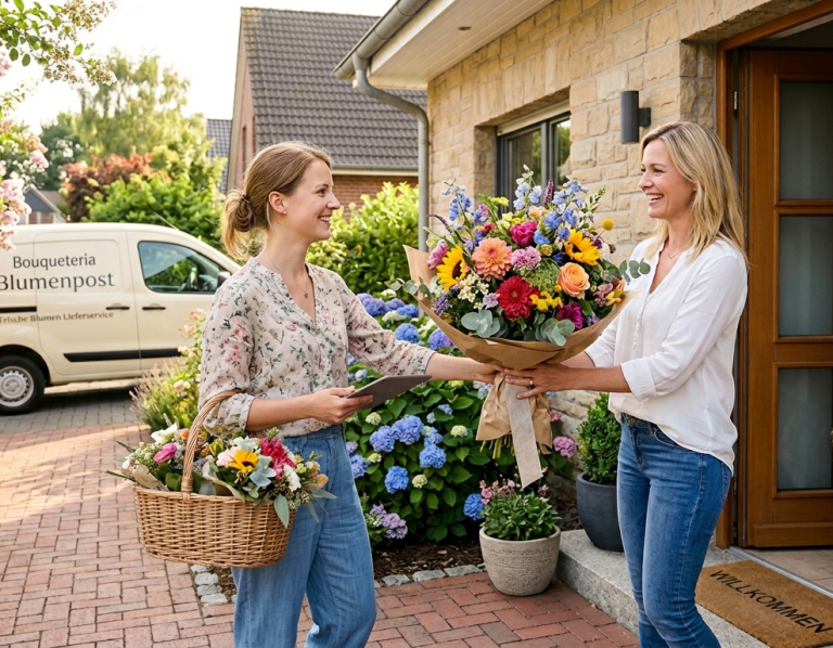 Blumen Lieferdienst Steinhagen Zwei Frauen stehen an einer Haustür, eine überreicht einen Blumenstrauß.