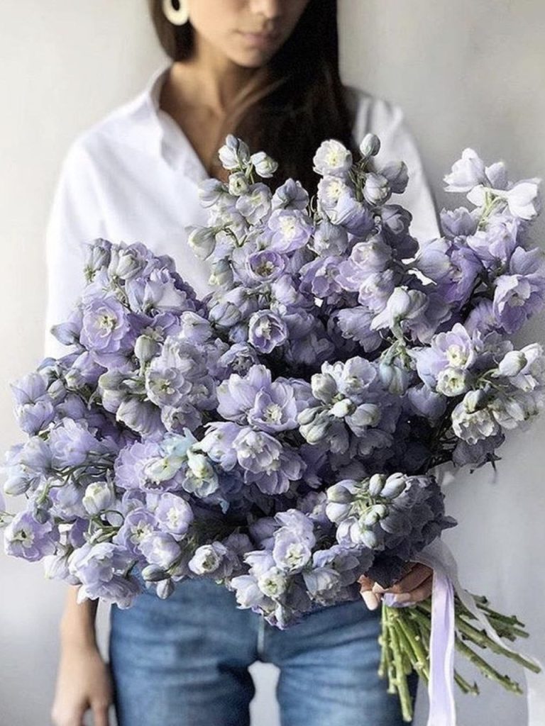Blumen für Jubiläen und Geburtstage und Feste Frau mit mehreren Sträußen lila Blumen in den Händen, trägt ein weißes Hemd.