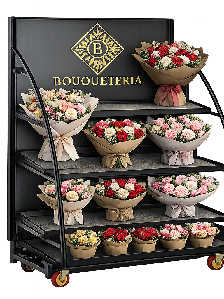 b2b Blumen shop in shop Lösung Ein Verkaufswagen mit verschiedenen Blumensträußen in bunten Verpackungen.