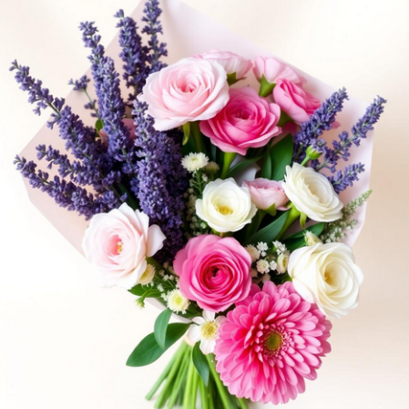 Blumen kaufen in der Nähe. liefern lassen in Steinhagen Bunt gemischter Blumenstrauß mit Rosen, Gerbera und Lavendel auf hellem Hintergrund.