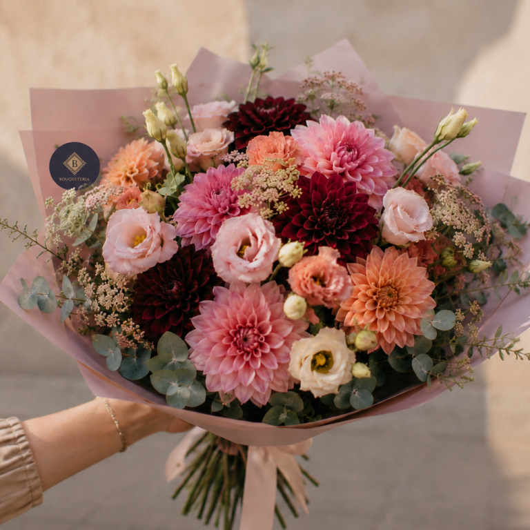 Blumen kaufen in der Nähe. liefern lassen in Steinhagen Bunter Blumenstrauß mit Pfingstrosen, Hortensien und Weißdorn, gebunden mit einer Schleife.