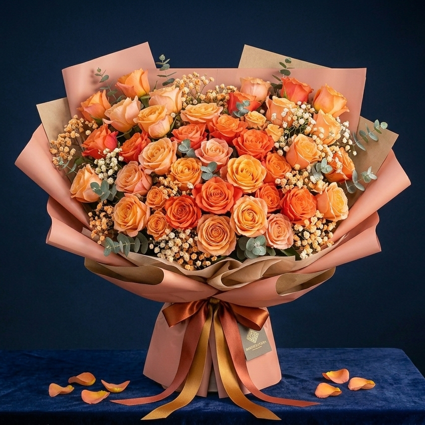 Vom Floristen Blumenlieferung Boqueteria Ein üppiger Blumenstrauß aus orangefarbenen Rosen, umgeben von Gipskraut.