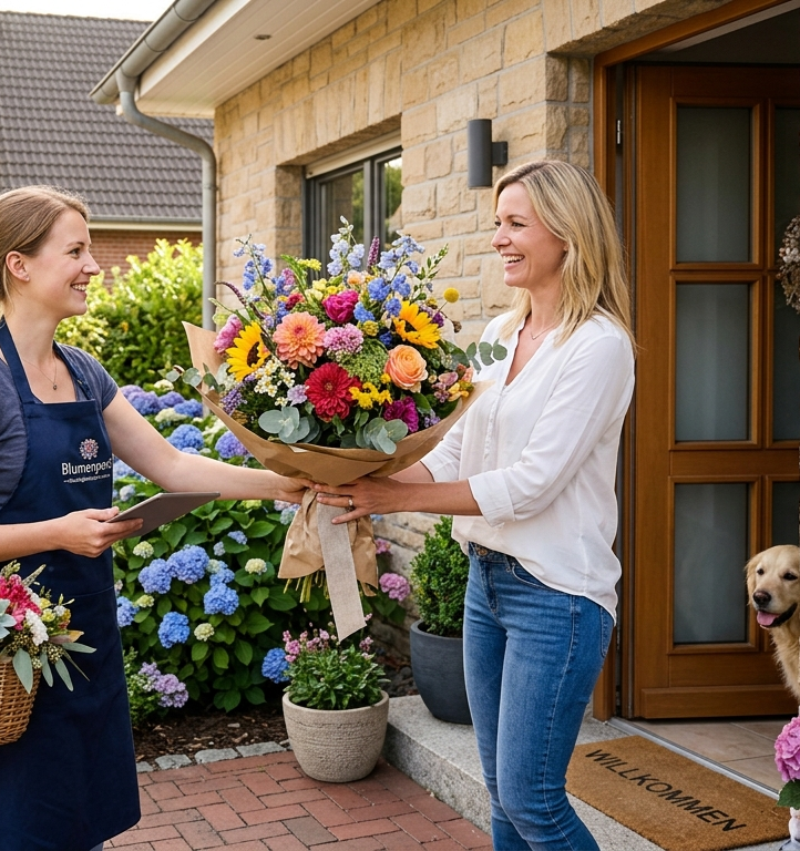 Blumen Lieferdienst Steinhagen und in der Nähe Frau erhält bunten Blumenstrauß vor einem Haus, Hund sitzt daneben.
