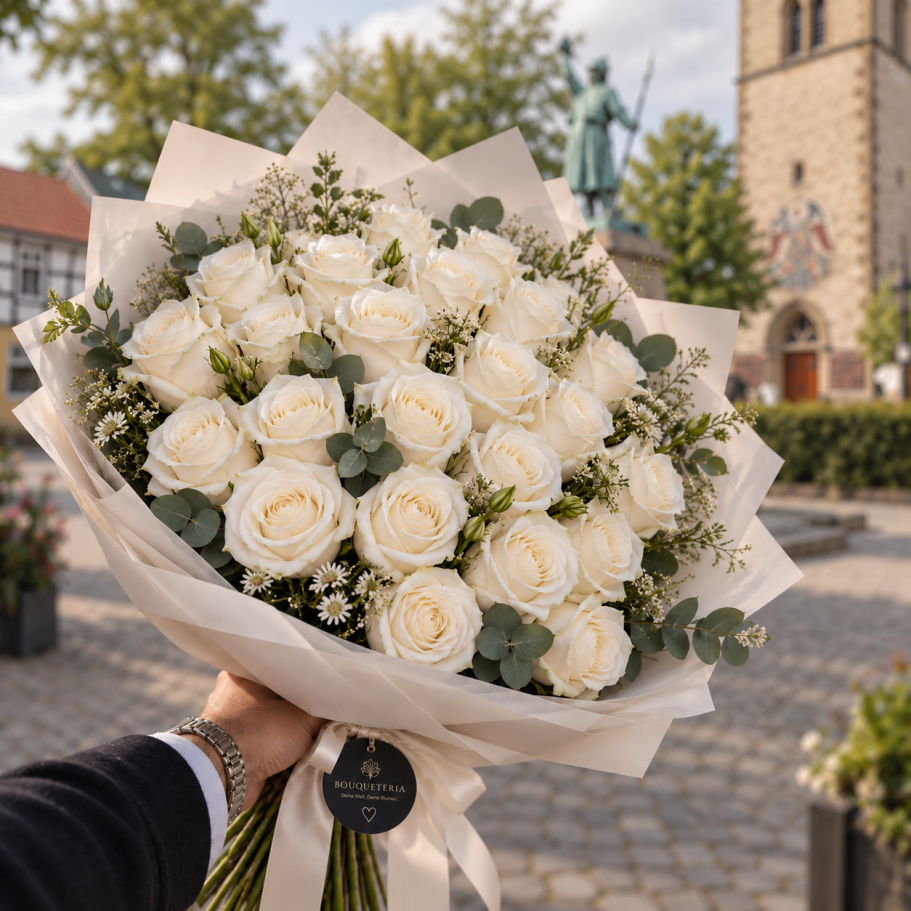 Blumen kaufen in der Nähe. liefern lassen in Steinhagen Bunter Blumenstrauß mit Pfingstrosen, Hortensien und Weißdorn, gebunden mit einer Schleife.
