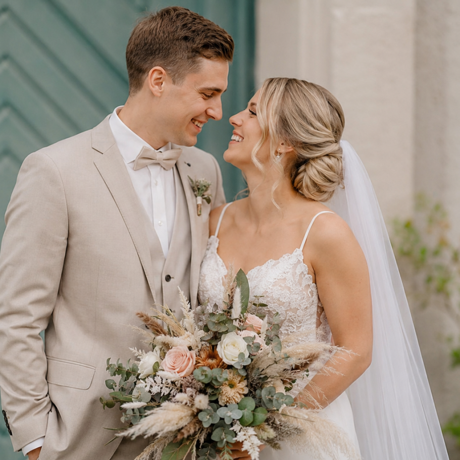 Hochzeitsservice von Bouqueteria Braut und Bräutigam lächeln sich verliebt an, umgeben von Blumen.