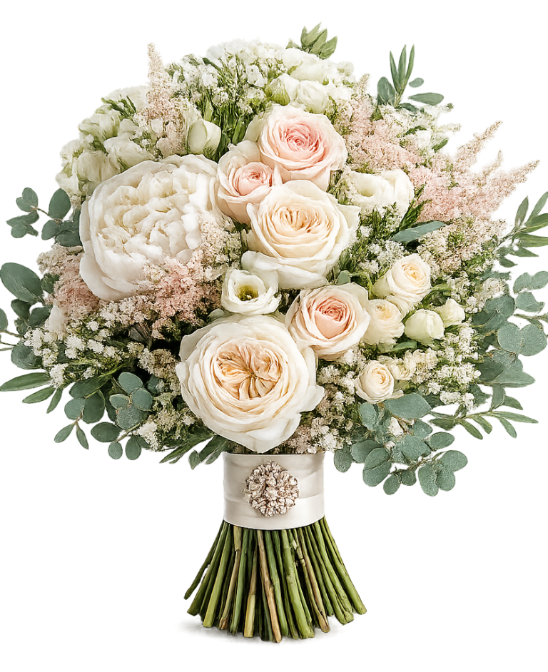 Pfingstrosenstrauß Bouqueteria Bunte Blumenstrauß mit Pfingstrose, Chrysanthemen und zarten weißen Blüten.