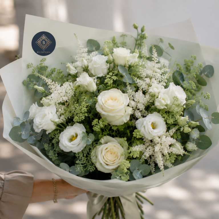 Vom Floristen Blumenlieferung Boqueteria Bunte Blumenstrauß mit Pfingstrosen in Rosa und Weiß, umgeben von Eukalyptus.