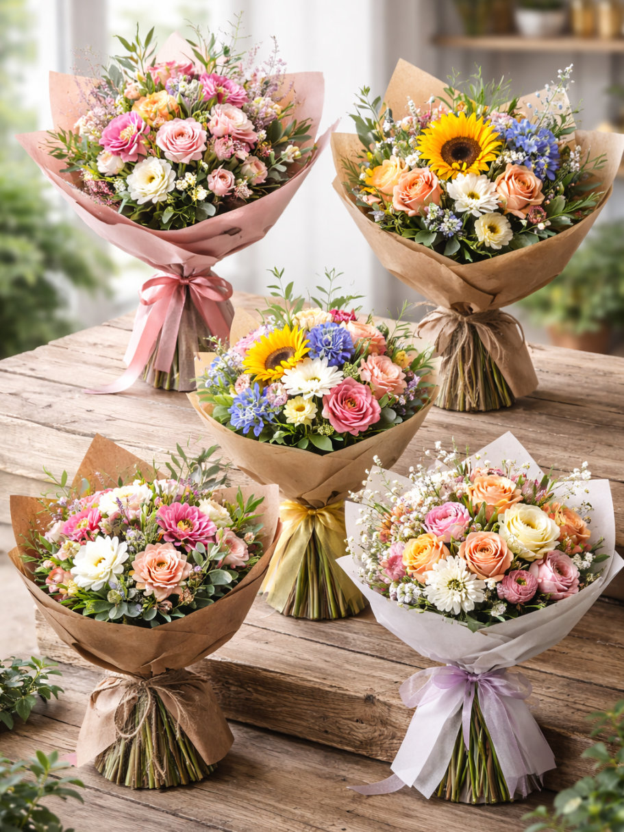 Blumenstrauß Bunte Blumensträuße in verschiedenen Größen und Arrangements auf einem Holztisch.
