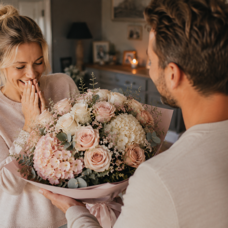 Blumen kaufen in der Nähe. liefern lassen in Steinhagen Bunt gemischter Blumenstrauß mit Rosen, Gerbera und Lavendel auf hellem Hintergrund.