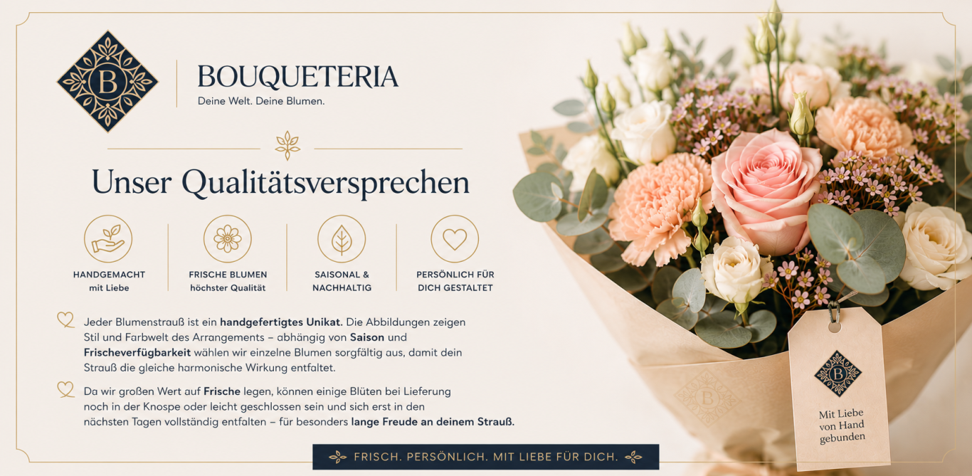 Blumen Qualitätsversprechen Bouqueteria Ein Bouquet mit bunten Blumen in sanften Tönen, schön verpackt.