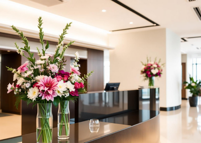 Blumen für Unternehmen in Steinhagen Moderne Bankfiliale mit Empfangstresen, Beratern und blumiger Dekoration.