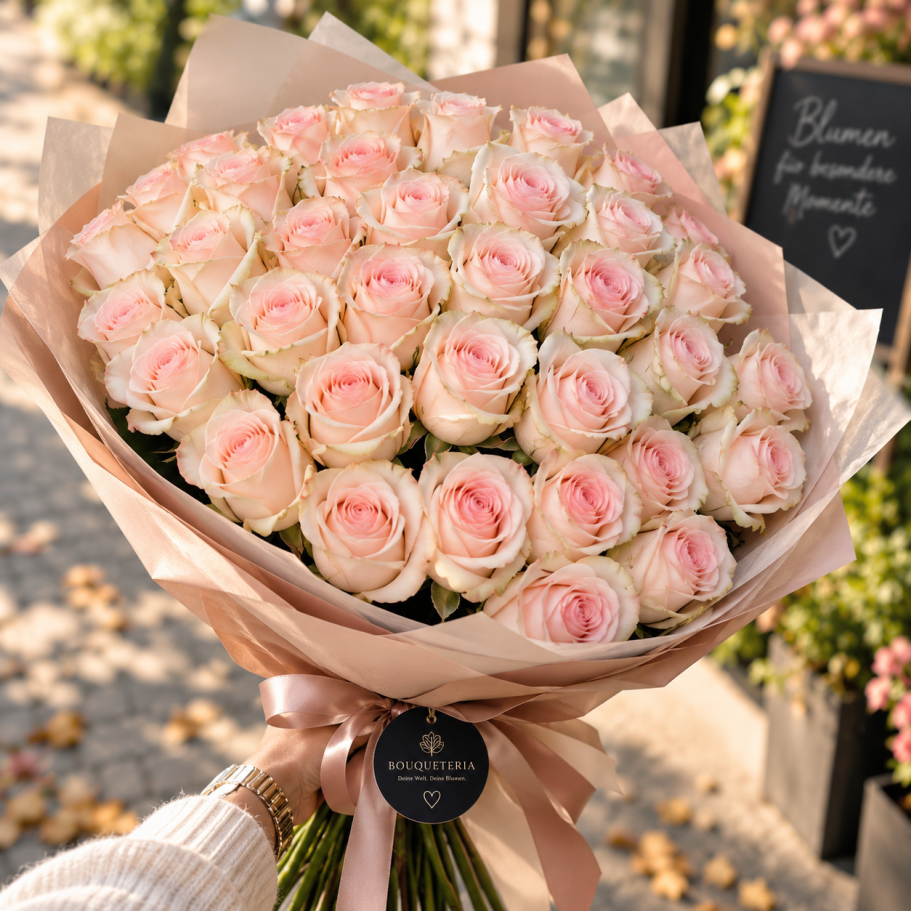 Geburtstagsstrauß vom Floristen in Steinhagen Ein üppiger Blumenstrauß mit Pfirsich- und weißen Rosen, Eukalyptus und zarten Akzenten.
