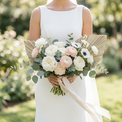 Blumen zur Hochzeit. liefern lassen in Steinhagen Hochzeitsstrauß aus Rosen, Anemonen und Eukalyptus in einer schönen, eleganten Haltung.