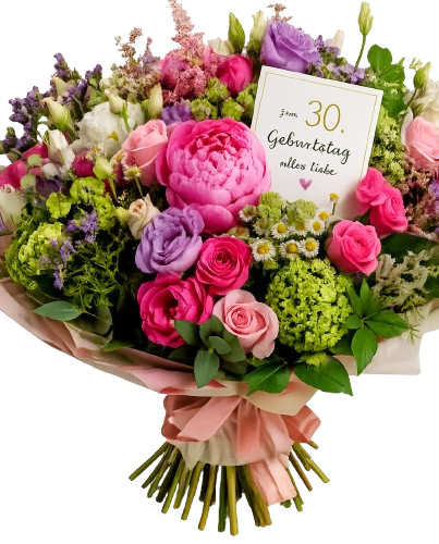 Blumen kaufen in der Nähe. liefern lassen in Steinhagen Hochzeitsstrauß mit weißen und rosa Blumen, umgeben von grünem Laub und Satinband.