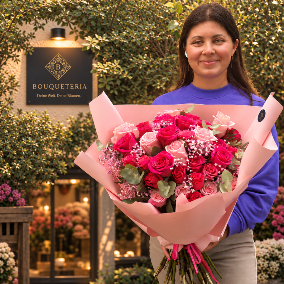 Geburtstagsstrauß vom Floristen in Steinhagen Ein üppiger Blumenstrauß mit Pfirsich- und weißen Rosen, Eukalyptus und zarten Akzenten.